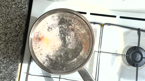 an egg boils in water in a saucepan on a gas stove