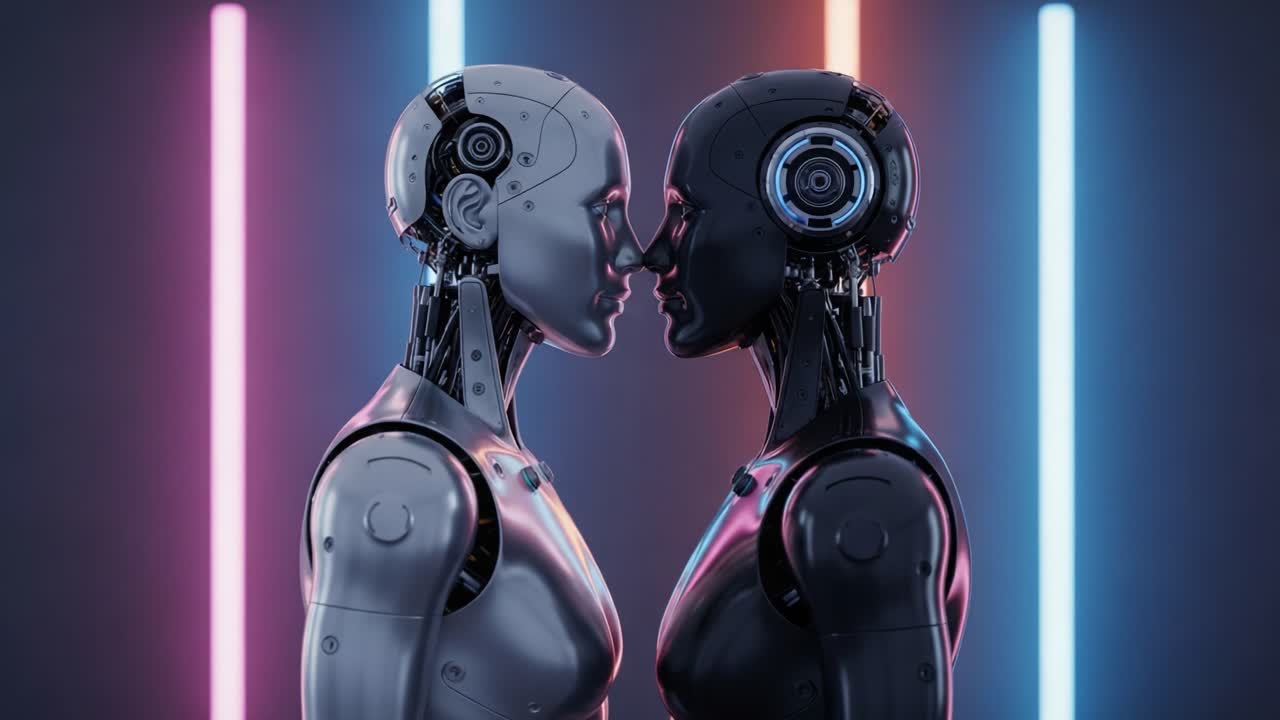 A Stunning Visual Encounter: Two Humanoid Robots Gaze Into Each Other's Eyes, Capturing the Essence of Artificial Intelligence and Human Emotion with Neon Lighting Effects