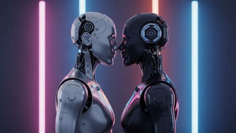 a stunning visual encounter: two humanoid robots gaze into each other's eyes, capturing the essence of artificial intelligence and human emotion with neon lighting effects