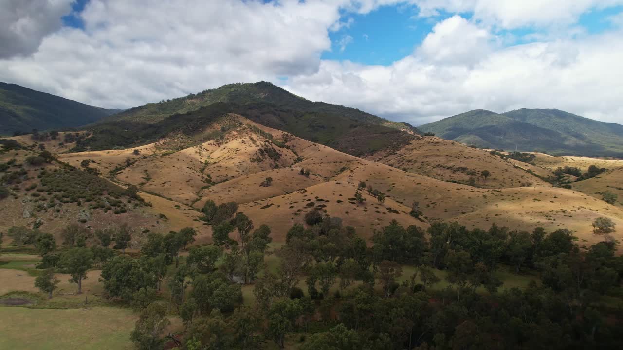 sobre un arroyo y árboles hacia hermosas colinas en el fondo cerca de eildon, victoria, australia