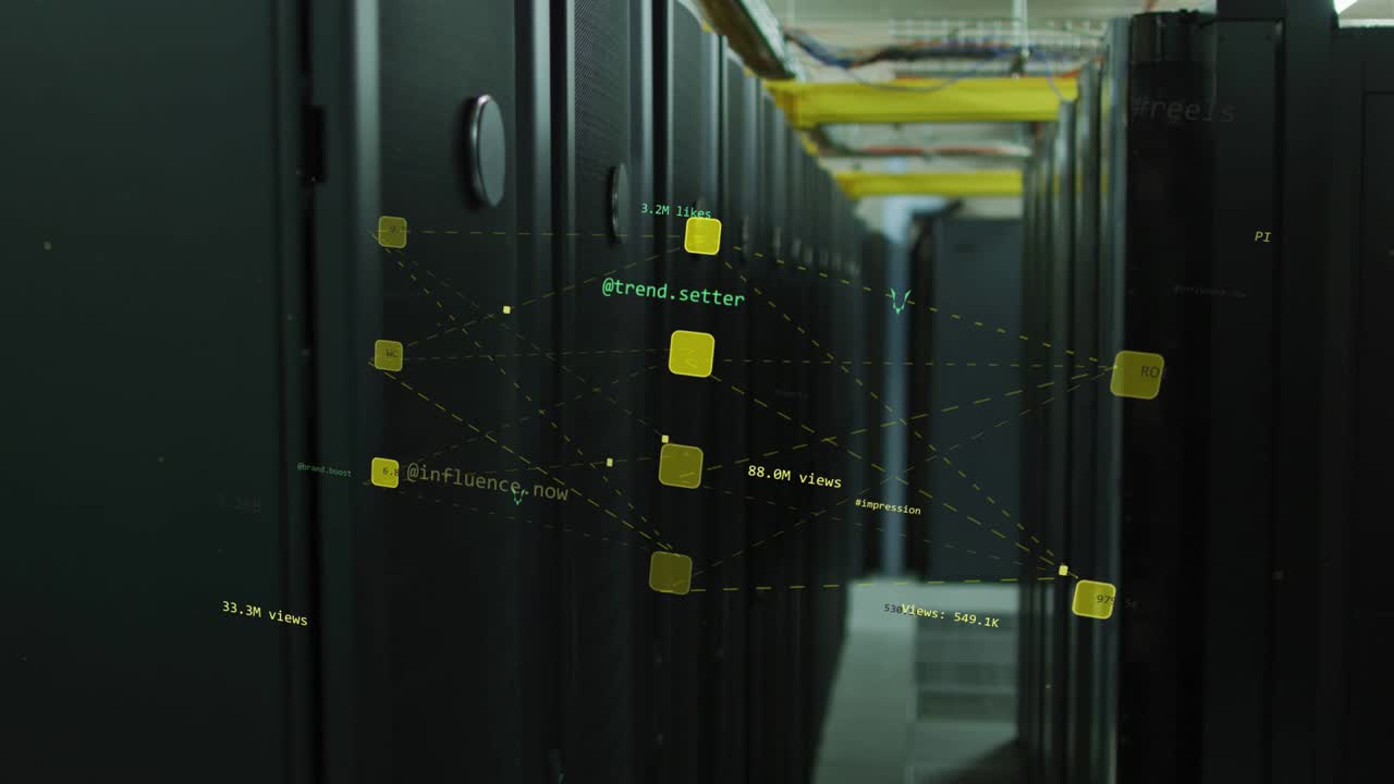 Modtager feed, serverracks projicerer et 3D-nodenetværk i en datacentergang, der viser etiketter for sociale målinger