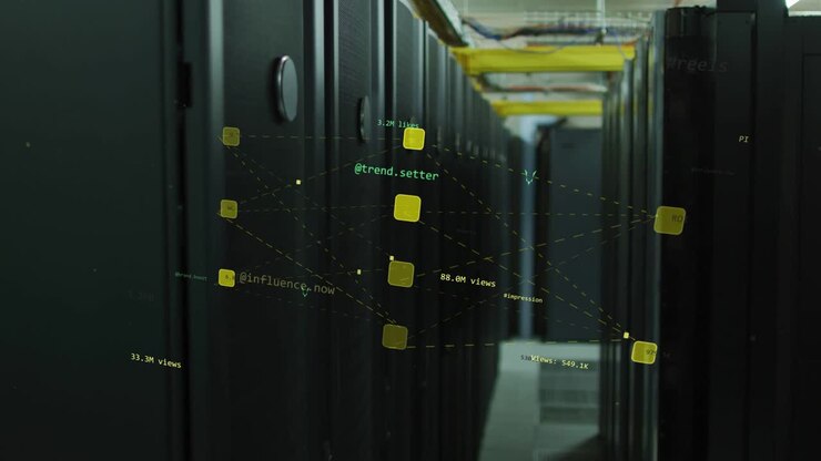 Receiving feed, racks projecting 3D node network in data center aisle showing social metrics labels