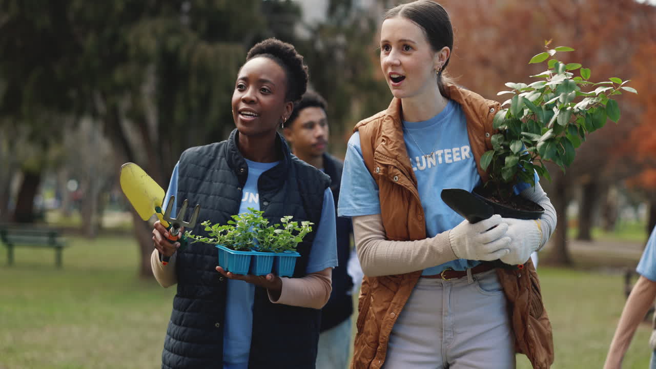 un grupo diverso de voluntarios planta árboles en un parque