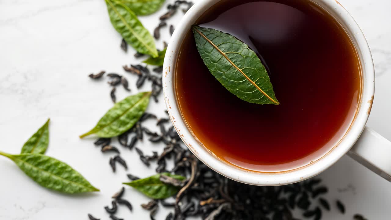una taza de té negro con hojas de té verde