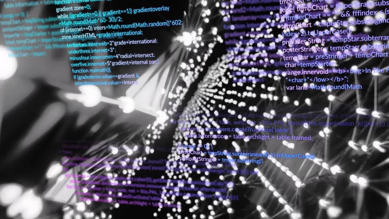 procesamiento de datos de texto sobre luces blancas brillantes en una red de conexiones sobre fondo negro