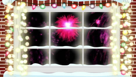 animation of window with christmas lights and pink fireworks exploding in night sky