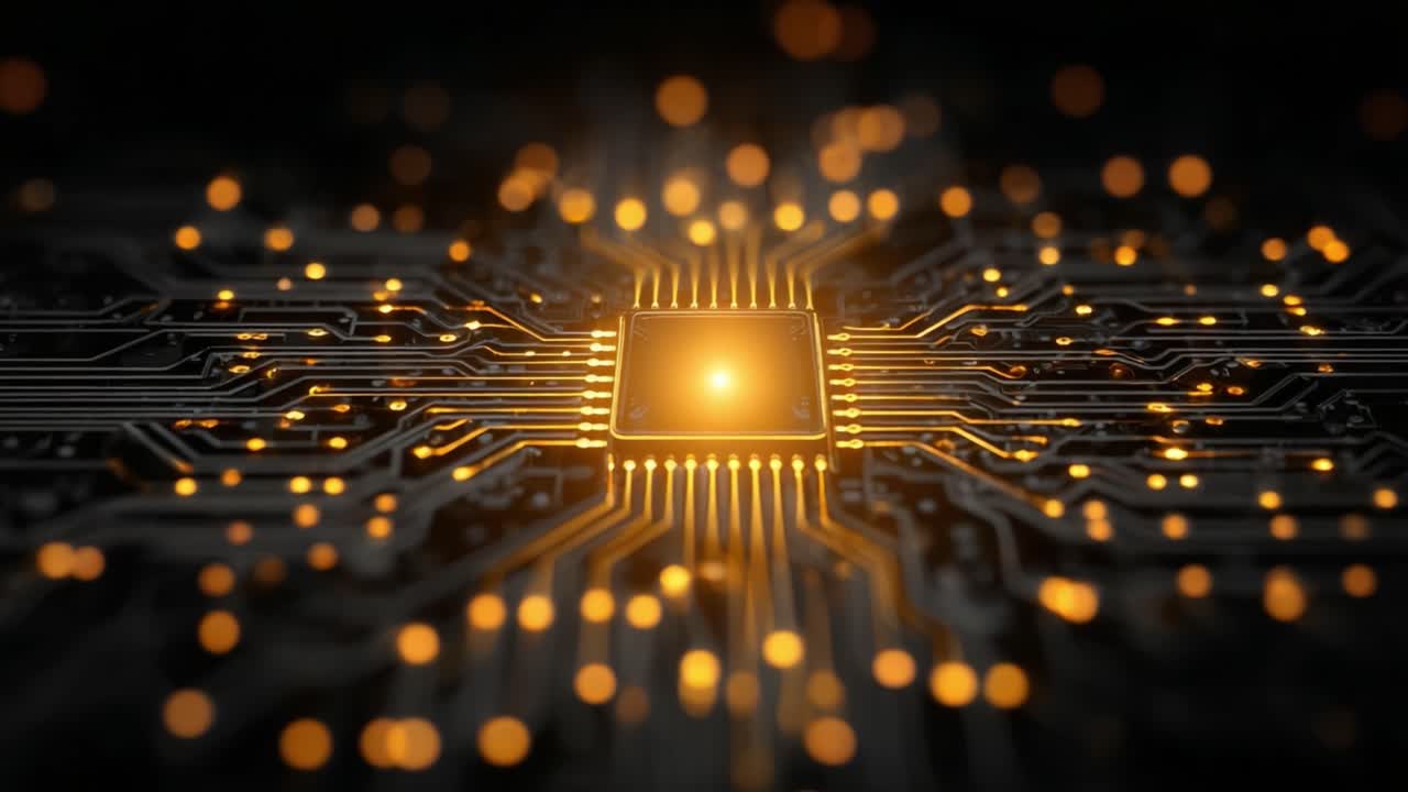 A Stunning Close-Up of a High-Tech Circuit Board Featuring a Central Microchip Radiating Bright Light, Surrounded by Glowing Connections and Digital Elements