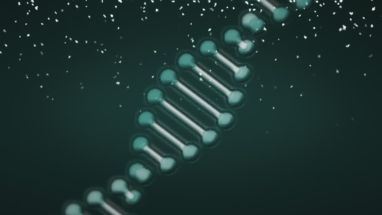 animación de una cadena de adn que gira sobre la nieve que cae sobre un fondo negro