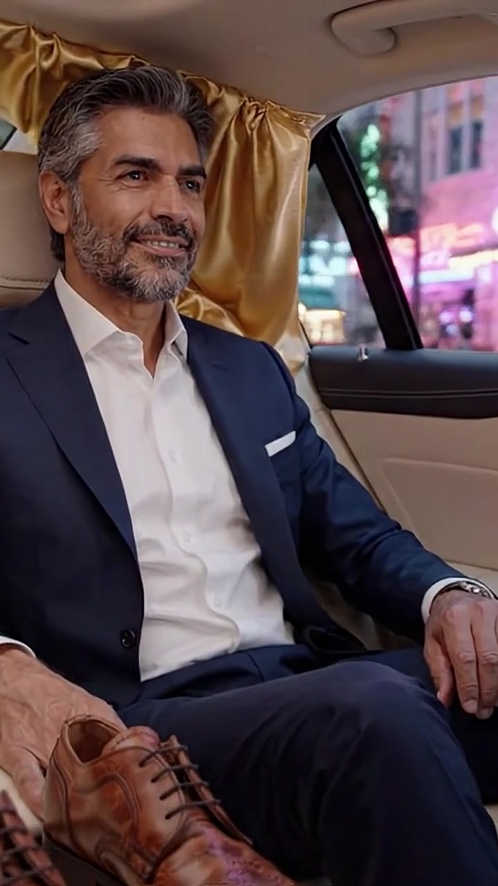 Uomo sofisticato che si rilassa in un veicolo di lusso, trasudando fiducia mentre è vestito elegantemente con scarpe alla moda visibili, catturando l'essenza del viaggio di lusso.