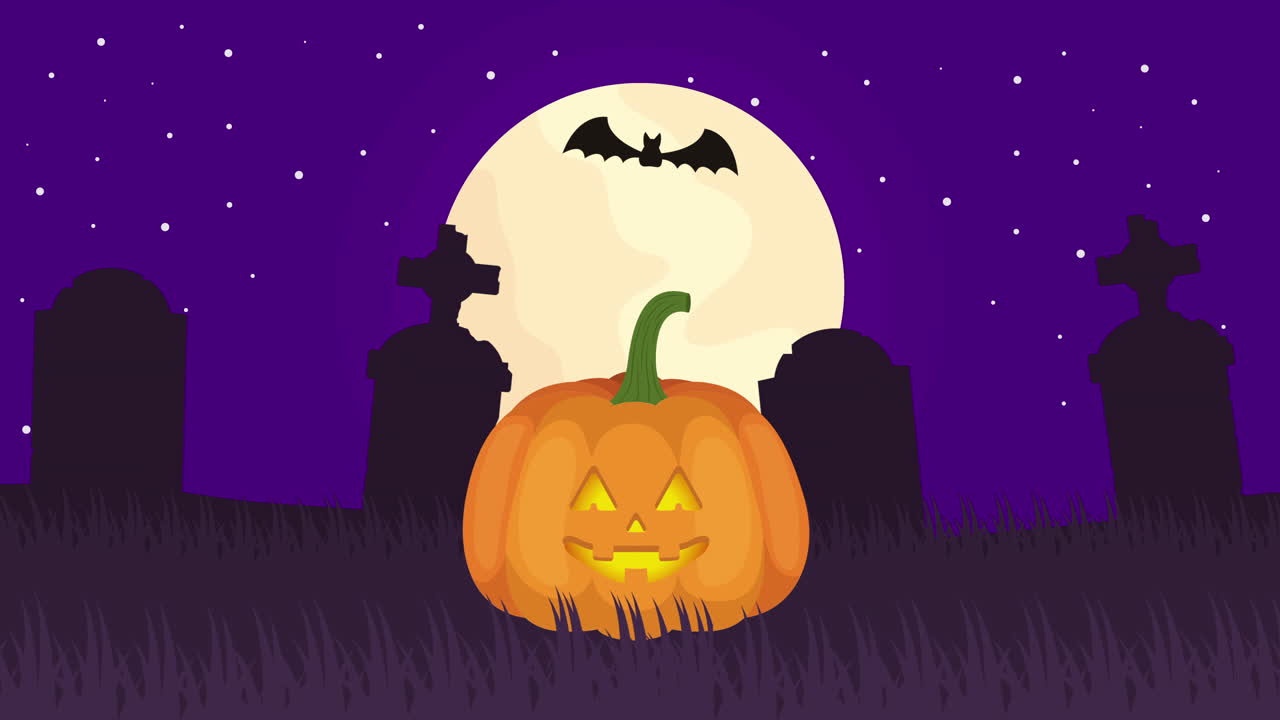 escena oscura de halloween con calabaza en el cementerio