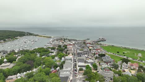 wide drone shot of a seaside town in martha's vineyard, massachusetts