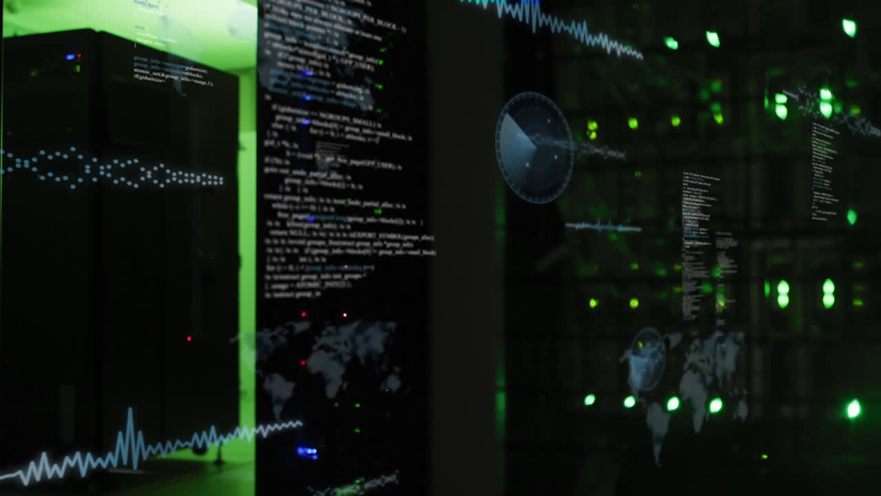 animación de pantallas con procesamiento de datos contra la sala de servidores de computadora