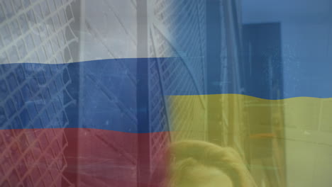 animation of flags of russia and ukraine over caucasian woman smiling in city street