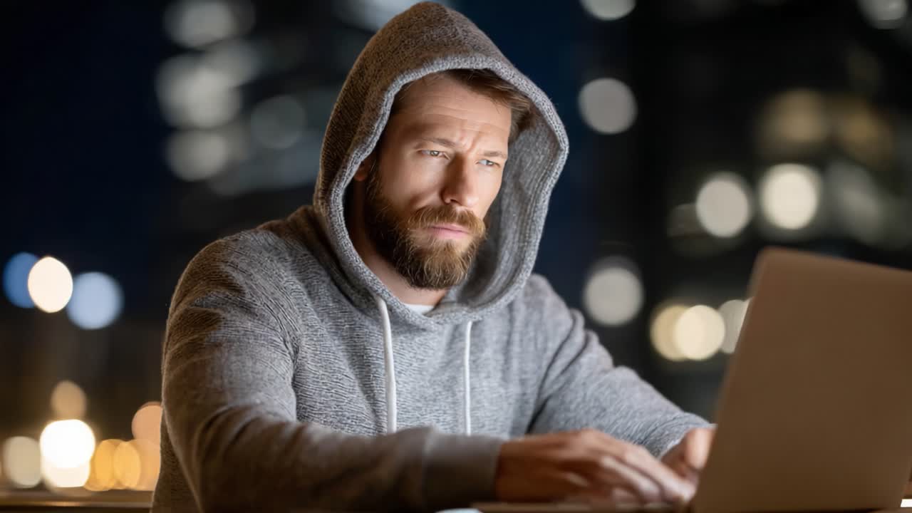 Osoba w bluzie z kapturem, w skupieniu intensywnie pracująca na laptopie w nocy, otoczona bokeh świateł miasta, uosabiająca poświęcenie i koncentrację w profesjonalnym otoczeniu