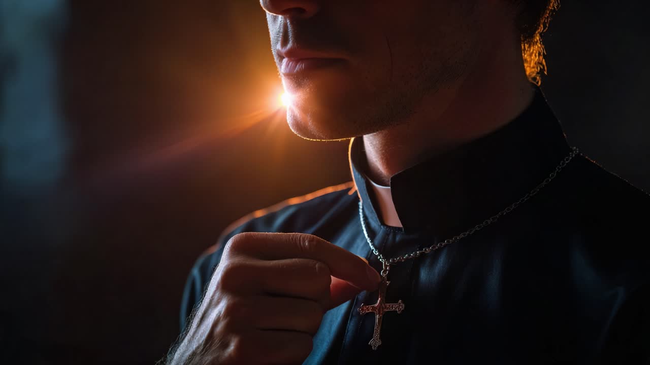 A Spiritual Moment Captured: A Man in Clerical Attire Holding a Cross with a Backlight Glowing Mystically Behind Him, Emphasizing Faith and Reflection