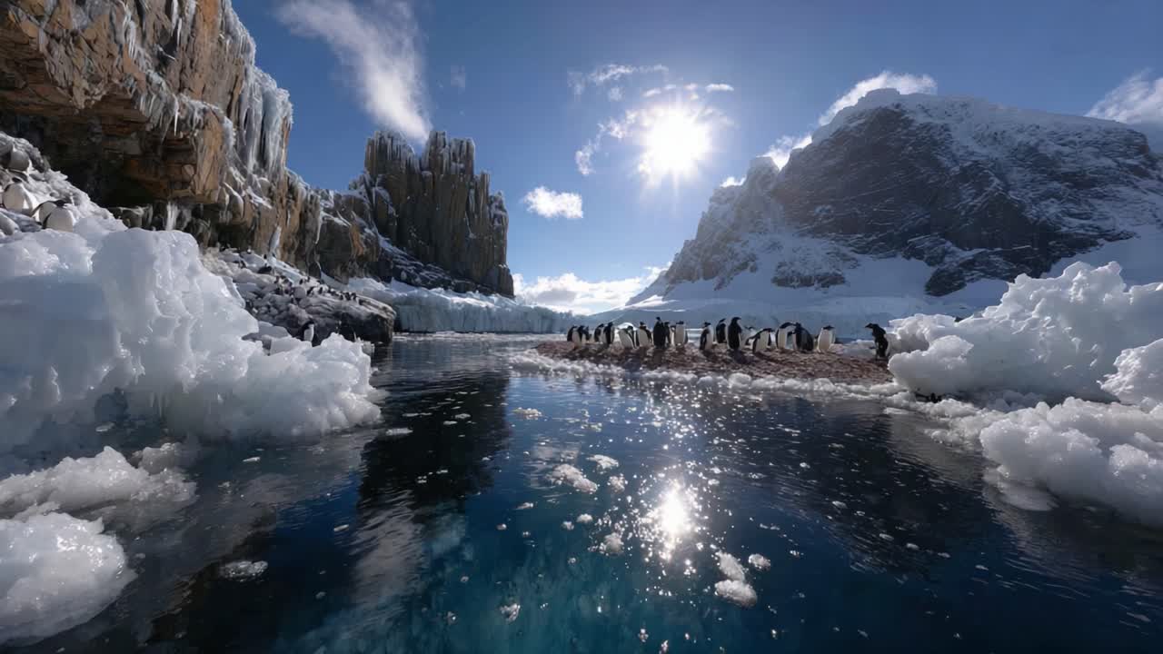 Un meraviglioso paesaggio antartico che mostra pinguini tra iceberg e cime di montagne innevate sotto gloriosi riflessi di luce solare
