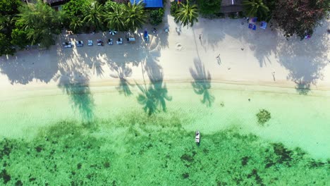 hermosa laguna con arrecifes de coral y algas que lavan la playa de arena blanca con gente tomando el sol en las tumbonas en tailandia