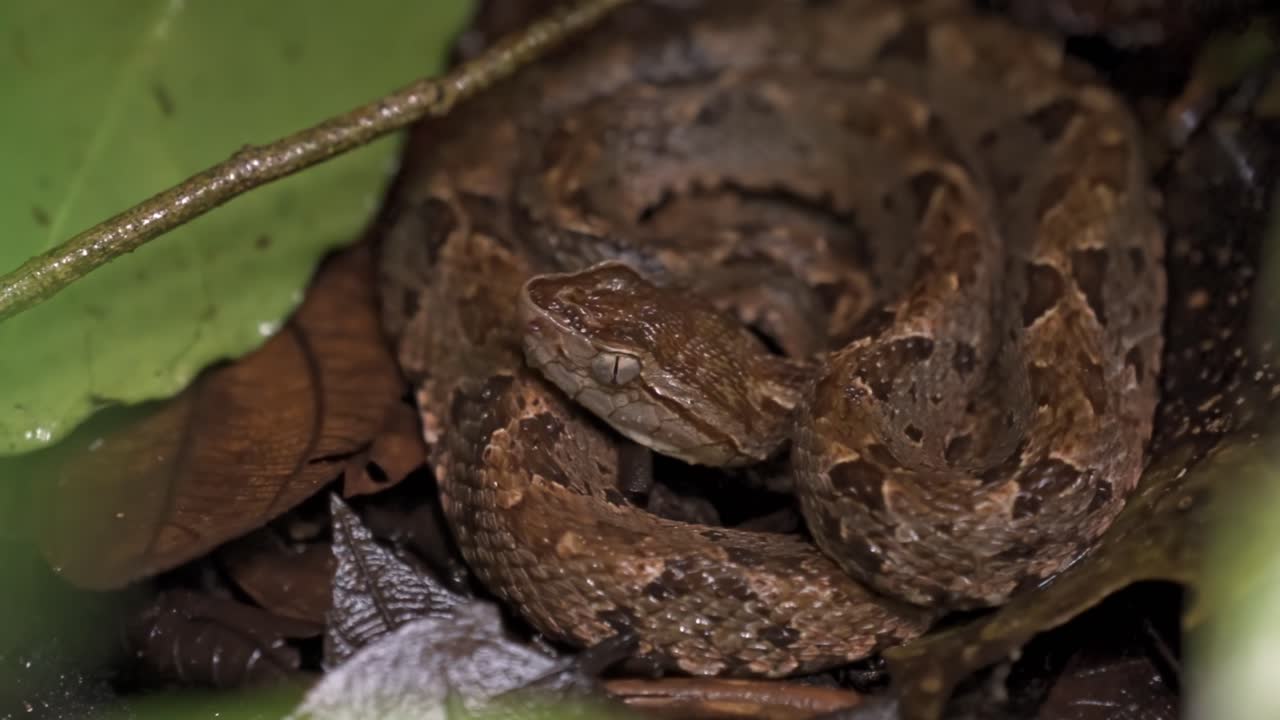 A fer-de-lance (Bothrops asper), a venomous pit viper, is coiled on the forest floor in the Sirena sector of Corcovado National Park, Costa Rica