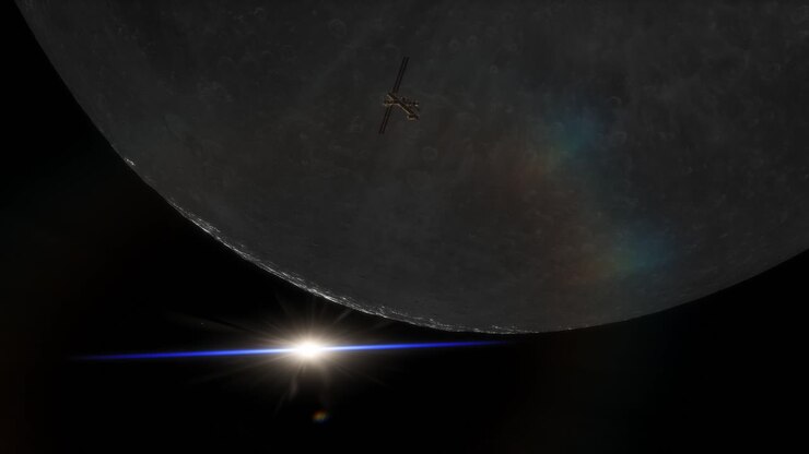 A space station seen orbiting around the Moon, with science fiction anamorphic lens flares