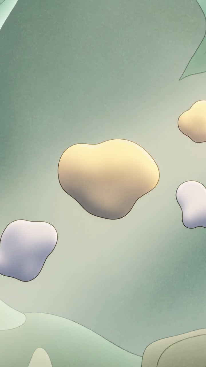 Vertical video: Loop starting, large beige blob cluster drifting in sage backdrop with leaf corners