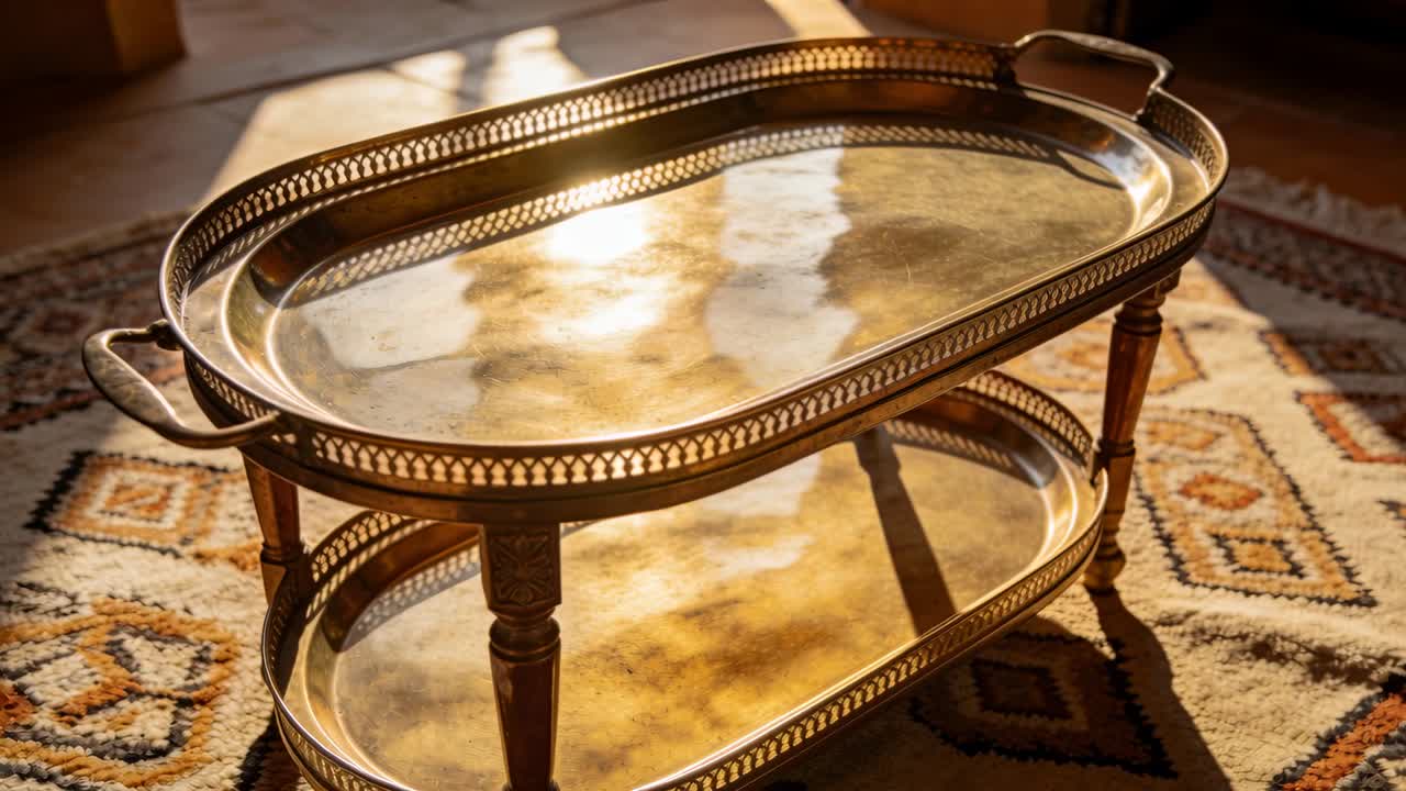 Luce solare cangiante crea riflessi su un vassoio di ottone a due livelli in casa, proiettando ombre di gambe sul tappeto.