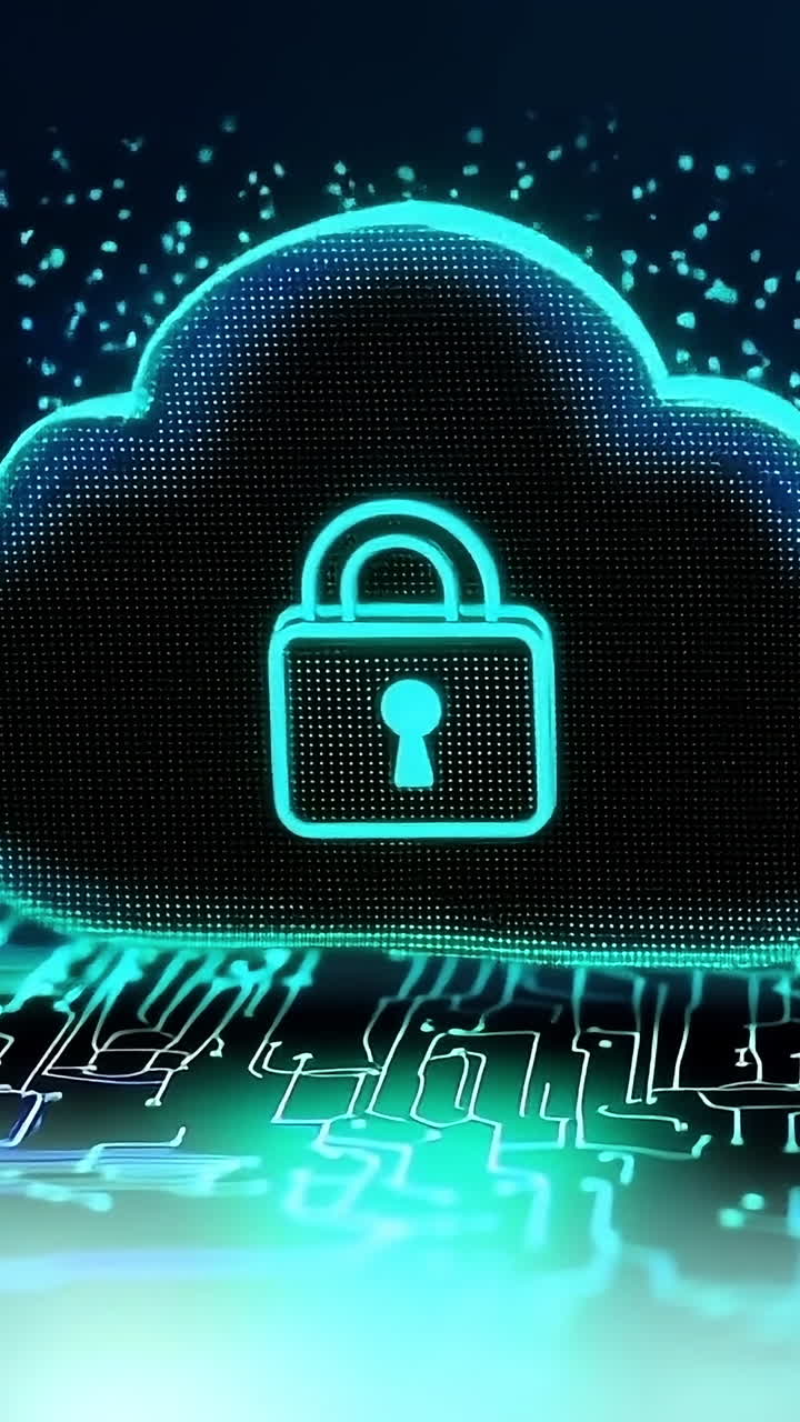 Secure cloud technology design concept. Digital cloud representation with a lock symbol, illustrating data security in a futuristic tech setting.