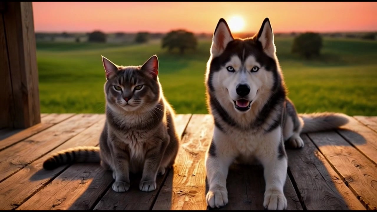 Sibirisk Husky og stribet kat sidder sammen på en træveranda ved solnedgang