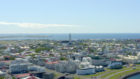 reykjavik - iceland - slow push in across city from from coastline to hallgrimskirkja