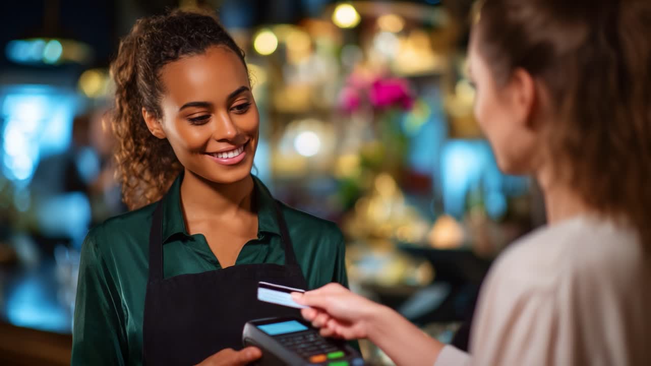 A friendly interaction at a cozy restaurant, showcasing a server and a customer engaged in a pleasant payment experience, all set in a warm atmosphere