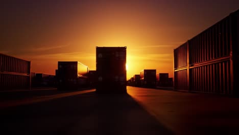 shipping containers are silhouetted against a beautiful sunset at the industrial port, showcasing vibrant colors of dusk. the serene atmosphere contrasts with the busy surroundings.