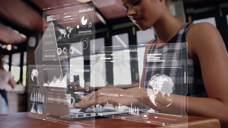 Animation of data processing over caucasian businesswoman using laptop