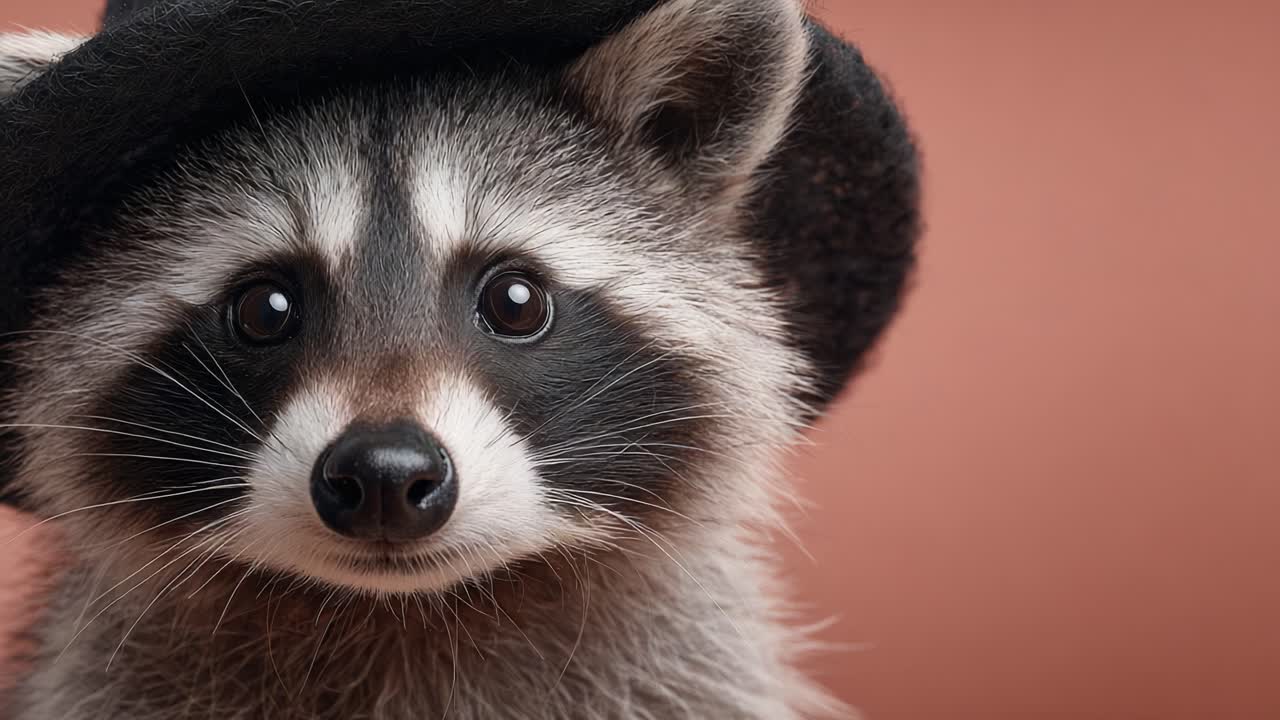 Charming Raccoon Wearing a Hat: A Captivating Close-Up Portrait Showcases the Adorable Features of a Raccoon with Expressive Eyes Against a Soft Background