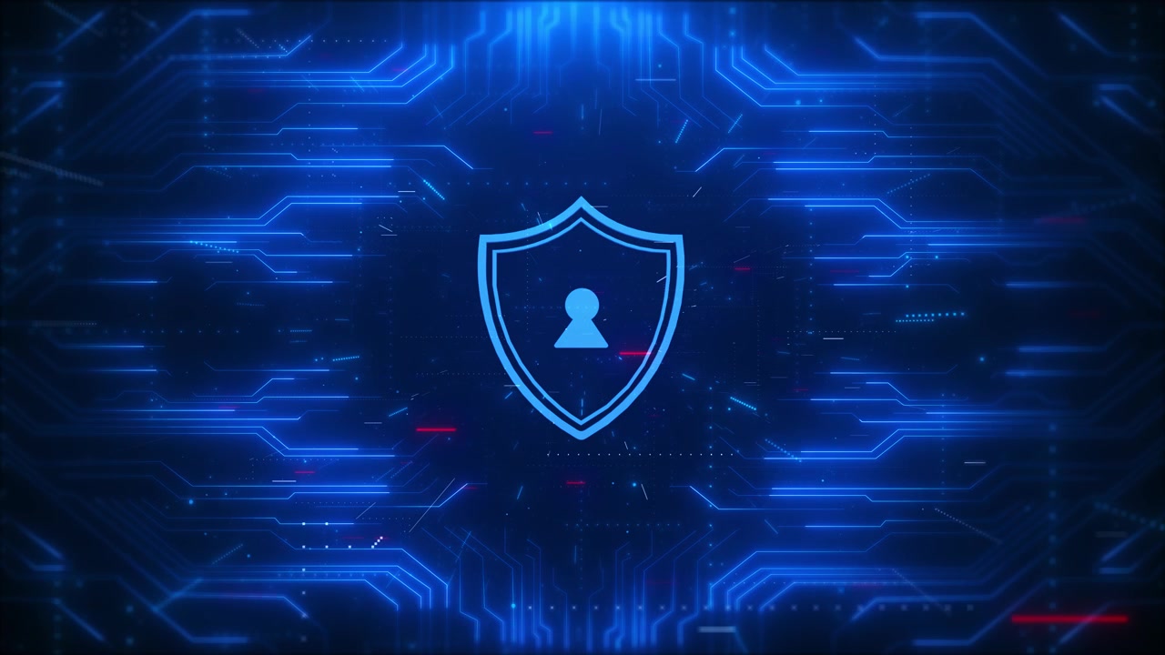 Blue cyber security background shield lock icon glowing circuit paths digital protection theme and