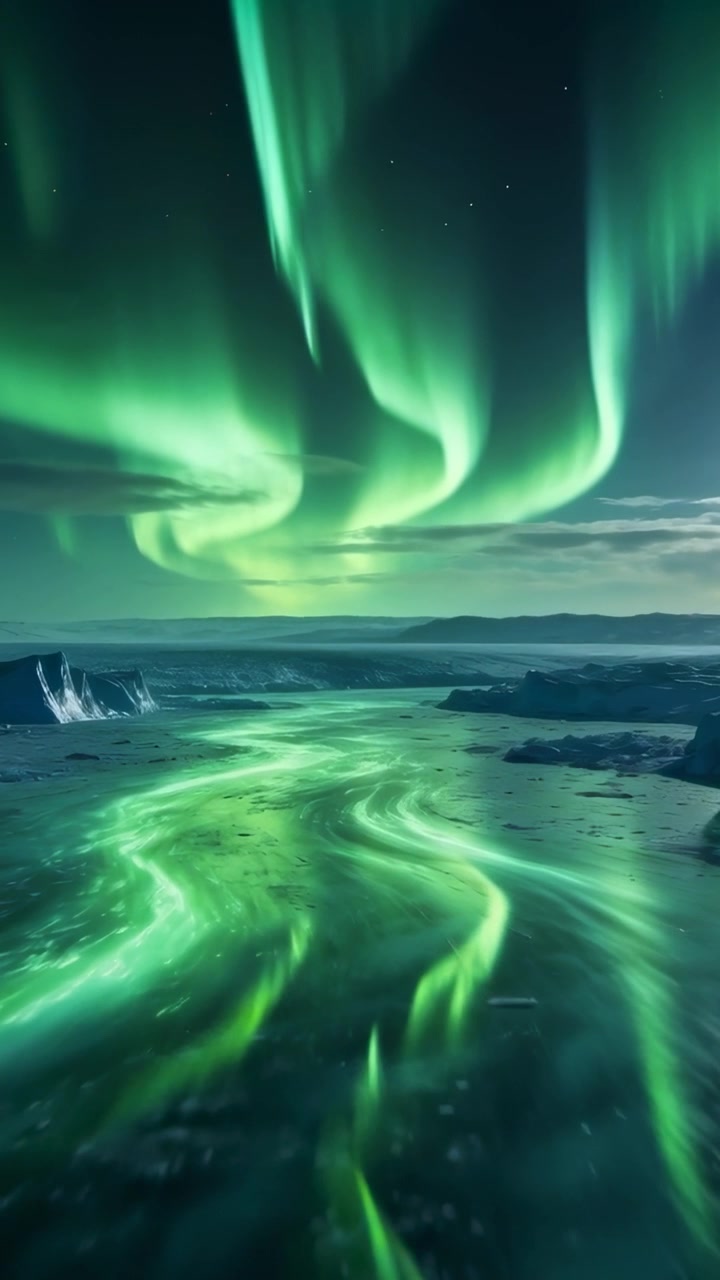 Video verticale: Tende di aurora che ondeggiano e si piegano, illuminando il ghiaccio sulla costa polare di notte, con una tempesta che imperversa.