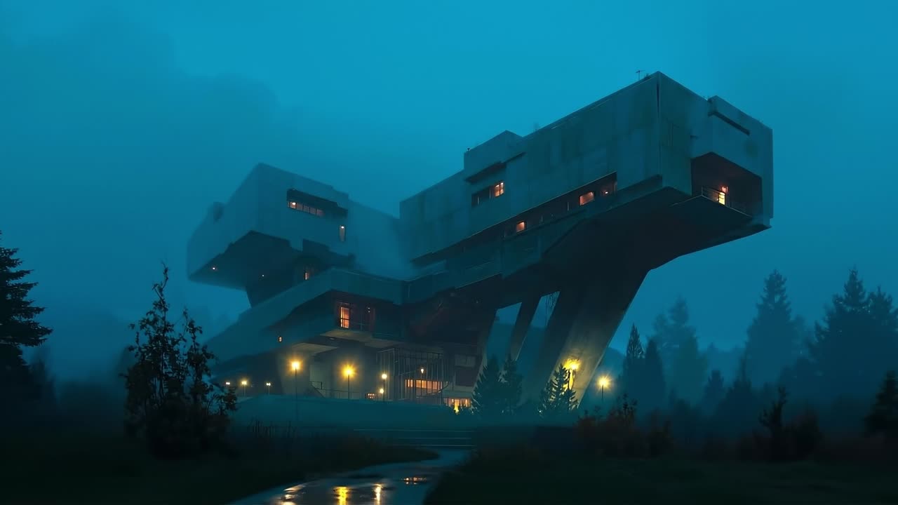 A futuristic building in the middle of a foggy forest at night