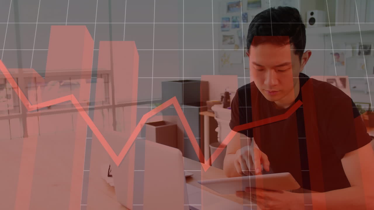 이 그래픽은 사무실에서 노트북과 디지털 태블릿을 사용하는 비즈니스 임원을 보여줍니다.