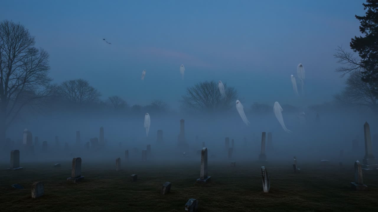 Ethereal Spirits Gliding Through a Foggy Graveyard at Dusk, Depicting an Haunting and Mystical Atmosphere of Mystery and Reflection on Life and Death