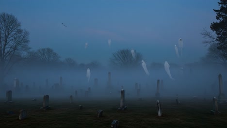 ethereal spirits gliding through a foggy graveyard at dusk, depicting an haunting and mystical atmosphere of mystery and reflection on life and death