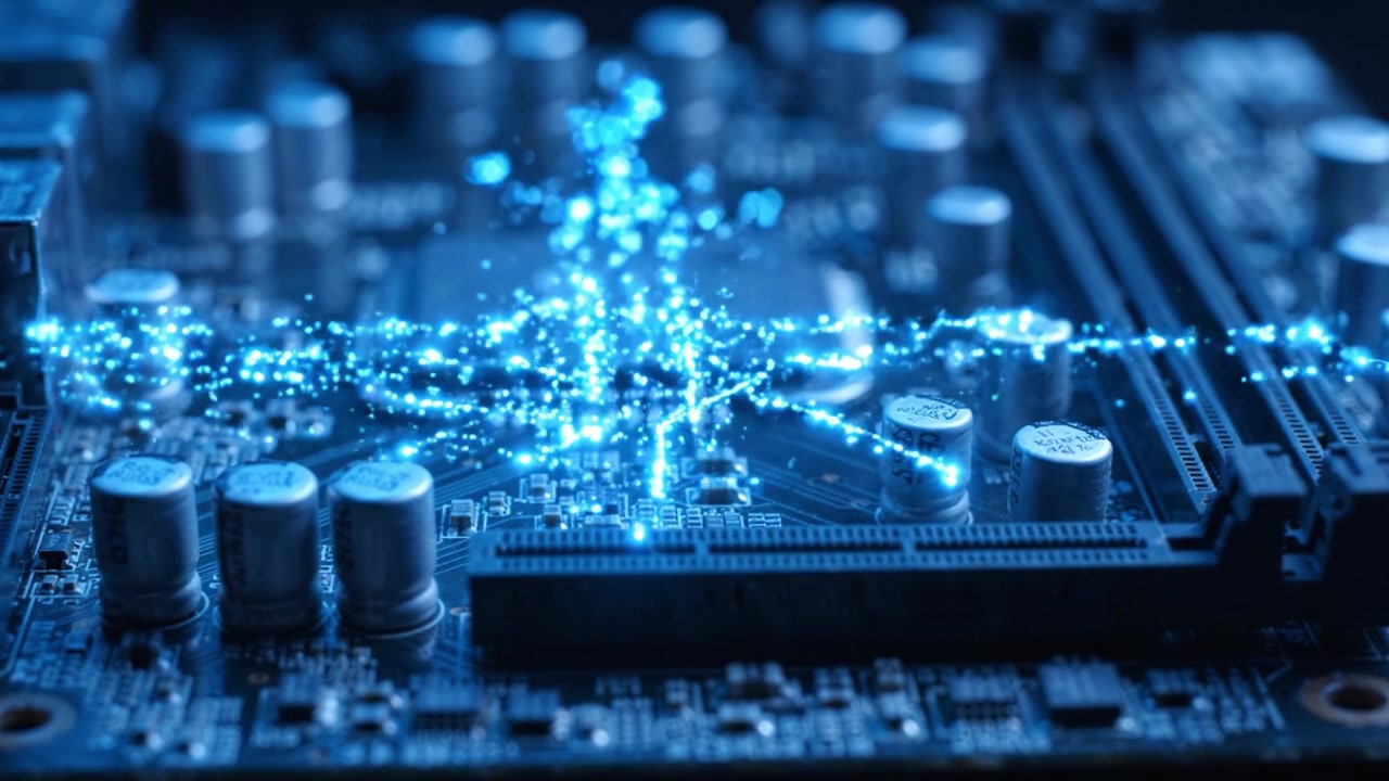 A Close-Up Exploration of a Circuit Board Rich with Components and Digital Particles, Showcasing the Intersection of Technology and Innovation in Electronics