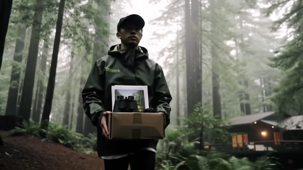 A solitary figure navigates through a misty, ancient forest, carrying a package, embodying a connection between nature and exploration in a serene yet mysterious landscape