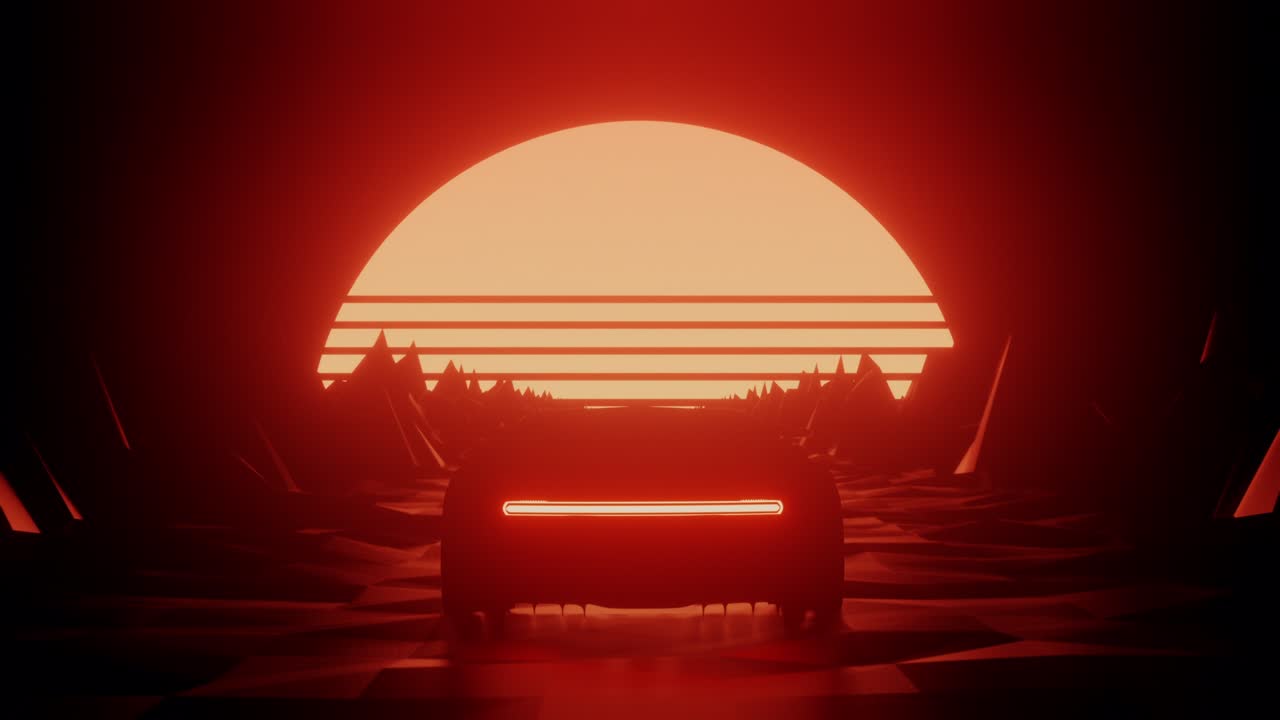 80년대 스타일의 자동차가 해가 지는 루프에