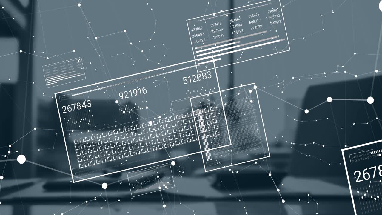 Diverse dataskjermer med skiftende tall og databehandling