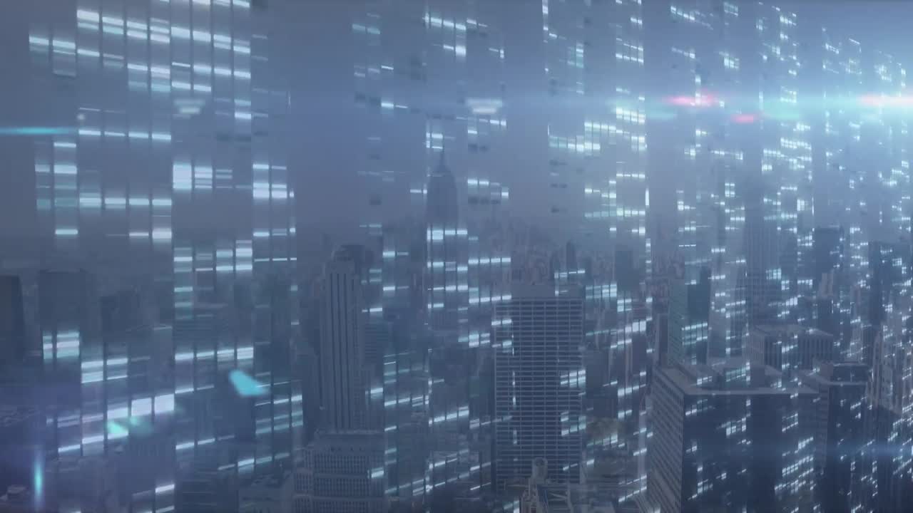Animation of data processing over cityscape