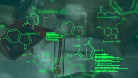 animación del procesamiento de datos y la fórmula química sobre el científico en el laboratorio
