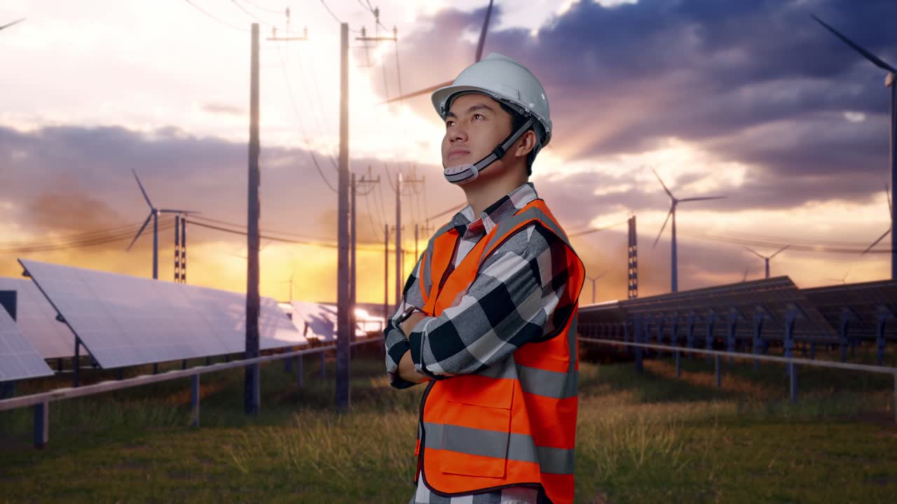 Side View Of Asian Male Engineer With Safety Helmet Crossing His Arms And Looking Around While Standing With Solar Panel and Wind Turbines