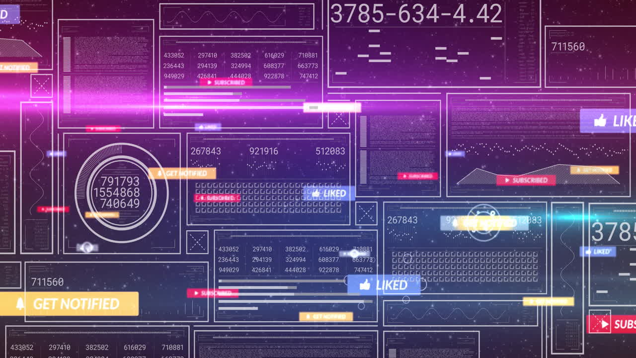 Displaying vibrant neon accents, digital interface showing notifications and graphs