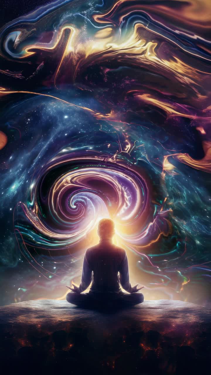 A person meditates under a swirling cosmic sky, viewed from behind at a low angle