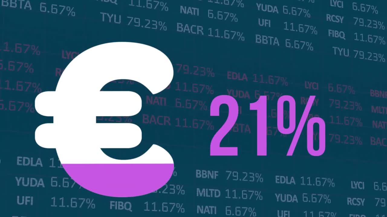 Animazione del simbolo dell'euro con percentuale su elaborazione dati finanziari
