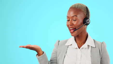 Hand,-headset-and-call-center-woman-talking