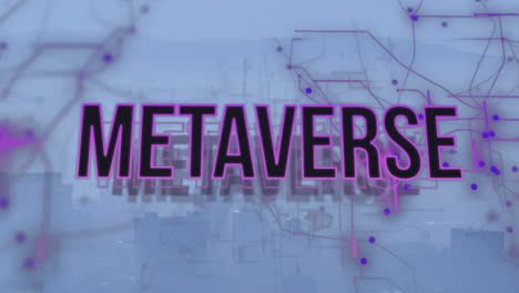 animation of metaverse text and data processing over cityscape